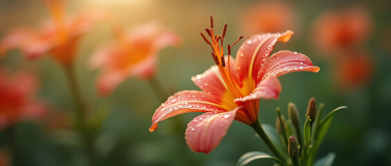 Fototapeta premium Beautiful blooming orange lily in morning sunlight