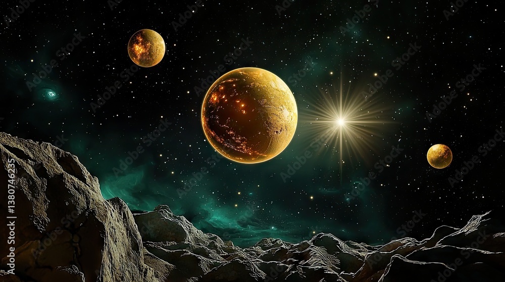 Poster a captivating space backdrop with a deep black canvas and bright planetary glows.