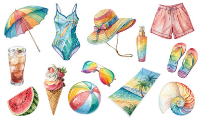 Watercolor Summer Vacation Essentials Collection with Beachwear and Accessories