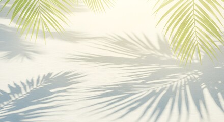 A soft watercolor background capturing palm tree leaves casting delicate shadows on smooth white sand