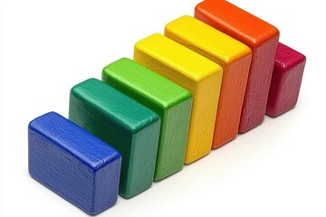 A vibrant arrangement of colorful wooden blocks displayed in a gradient, showcasing hues from blue to red.
