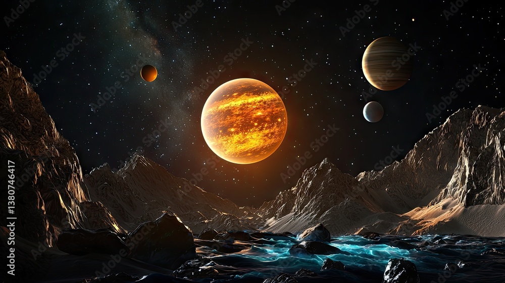 Poster a captivating space backdrop with a deep black canvas and bright planetary glows.