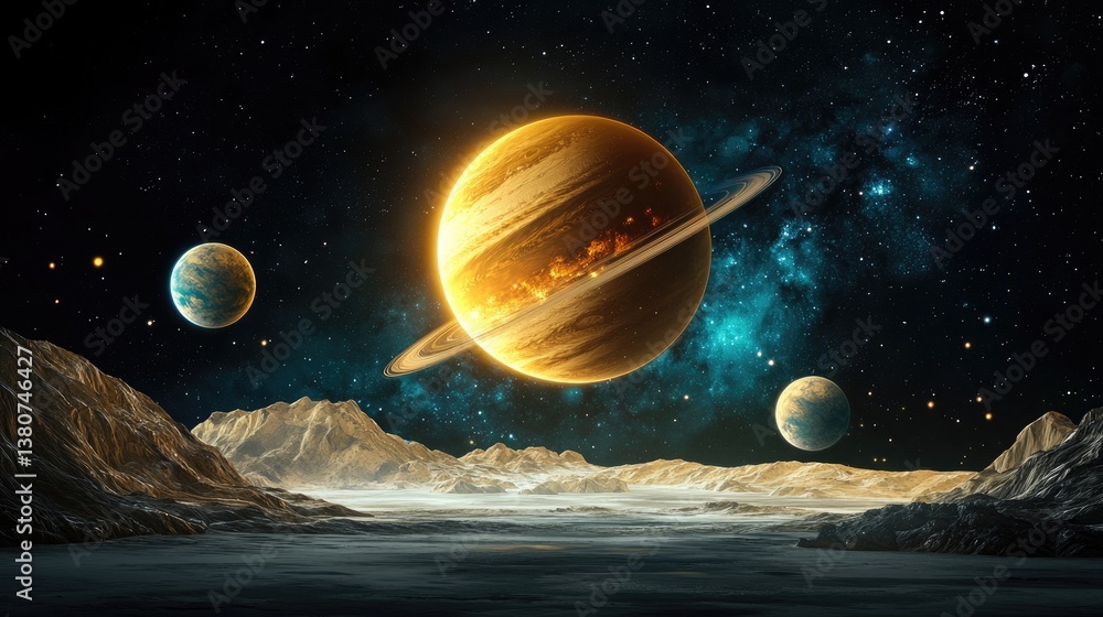 Poster a captivating space backdrop with a deep black canvas and bright planetary glows.