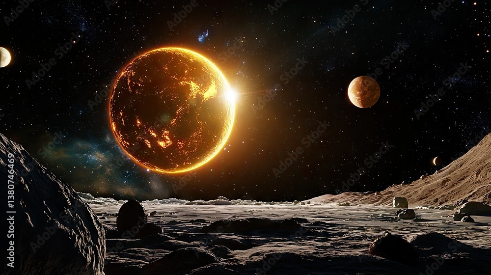 Poster a captivating space backdrop with a deep black canvas and bright planetary glows.