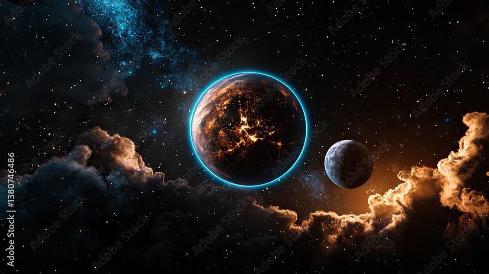 Poster a captivating space backdrop with a deep black canvas and bright planetary glows.