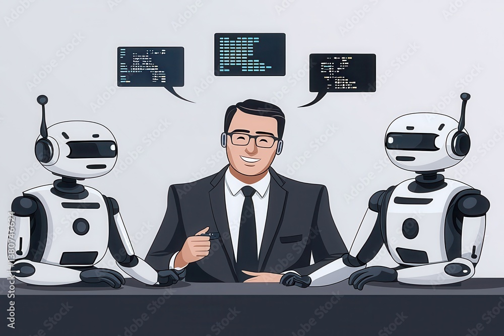 Poster a businessman sits with two robots, engaging in conversation, highlighting the integration of techno