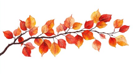 Autumn branch with red and orange leaves isolated on white.