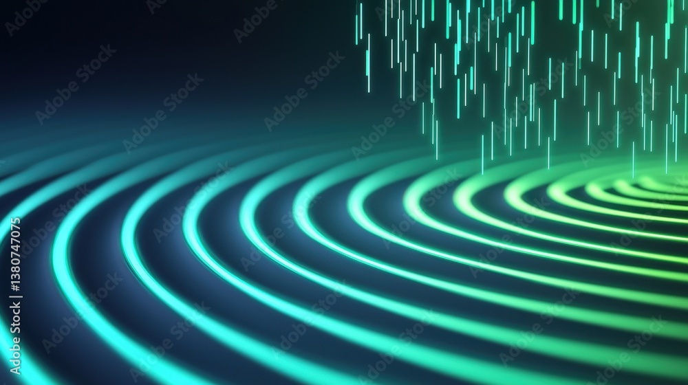 Poster a mesmerizing display of vibrant waves and cascading lines in shades of blue and green, creating an 