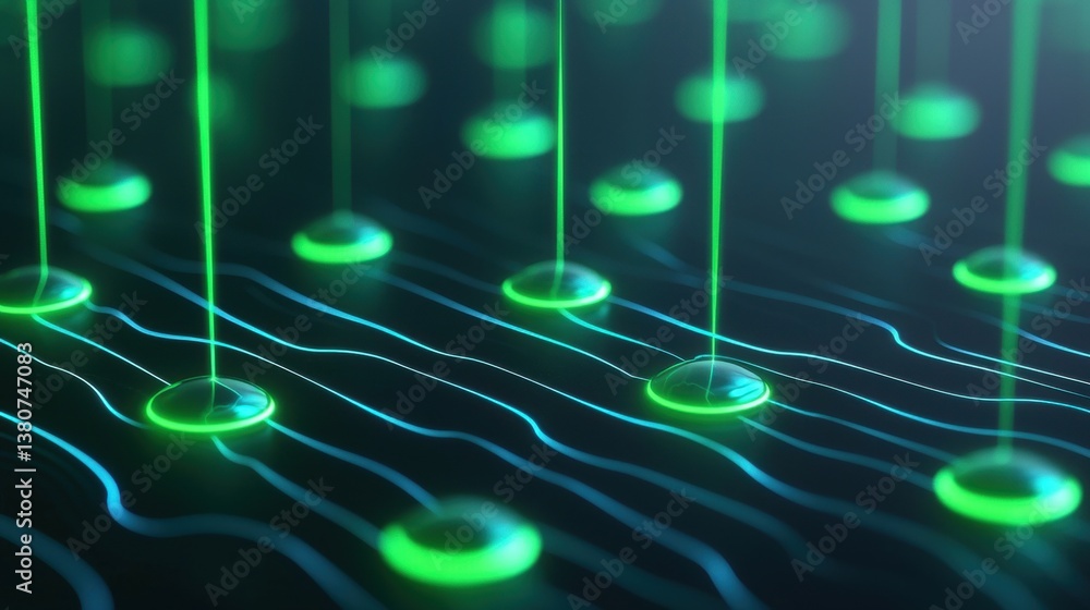 Poster a futuristic image featuring glowing green circles connected by flowing lines, evoking a sense of ad