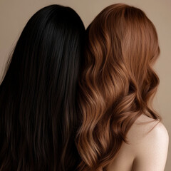 Naklejka premium Two women with contrasting hair colors, black and red, stand back to back, showcasing beauty of diverse hair textures