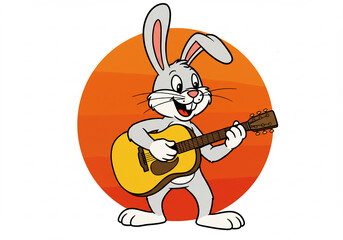Happy Grey Rabbit Playing Acoustic Guitar on Orange Background