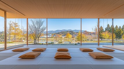 Fototapeta premium Serene Interior of Modern Japanese Room with Autumn View