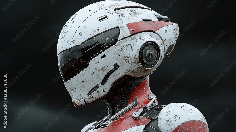Poster futuristic robot with worn surface in a sci-fi environment