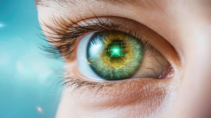 A close-up of a human eye with a digital interface overlay, symbolizing advanced technology.