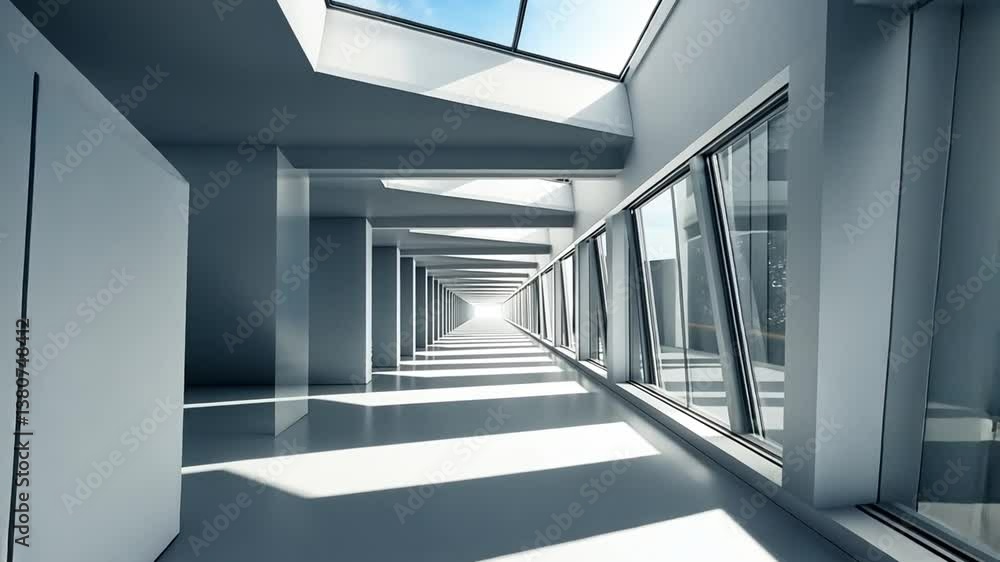Poster modern architectural corridor with natural light streaming through generative ai