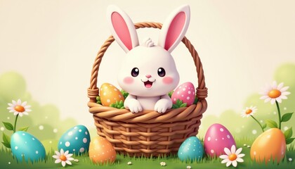 Obraz premium Easter Bunny In Basket With Eggs Featuring Playful Easter Theme And Whimsical Character Design For Festive Branding And Seasonal Marketing Campaigns, AI Generated