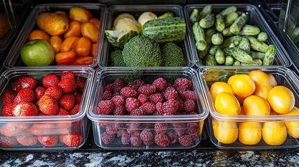 Fresh and Colorful Organic Fruits and Vegetables in Clear Containers