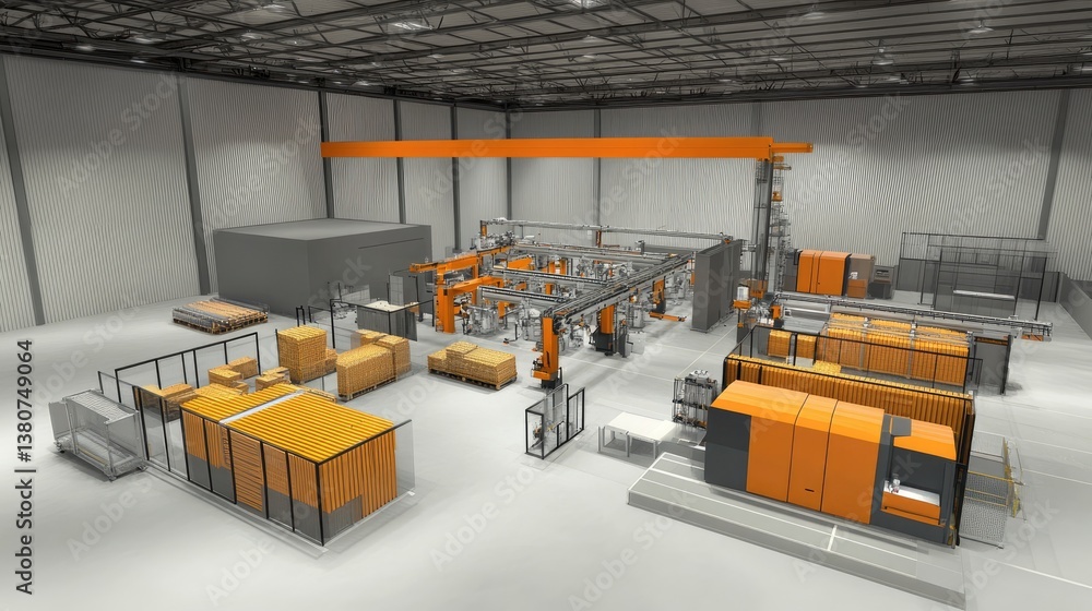 Poster smart factory with interconnected industrial robots optimizing production.