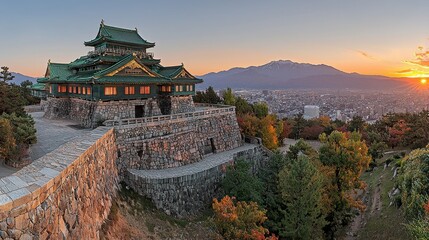 Majestic Castle Overlooking Cityscape at Sunset in Japan