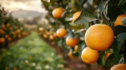 Orchard Ripe, juicy oranges on tree branches, with rows of trees in the background on a sunny day