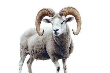 A ram with impressive horns stands out against a clean white background