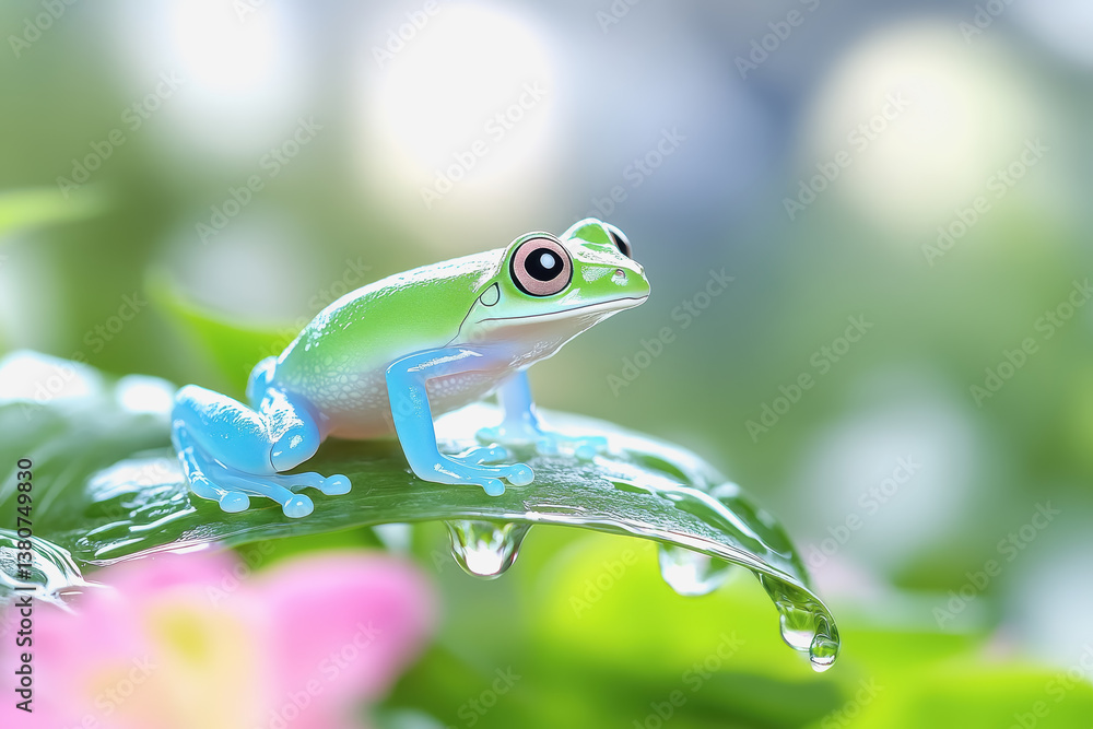 Poster enchanting 3d illustration of a frog resting on a leaf surrounded by nature with a playful and cheer
