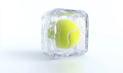 Frozen tennis ball in ice cube on white background, concept image