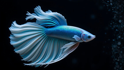 Fototapeta premium Elegant Blue Betta Fish with Flowing Fins on Black Background