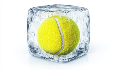 Frozen tennis ball in ice cube on white background for sports concepts