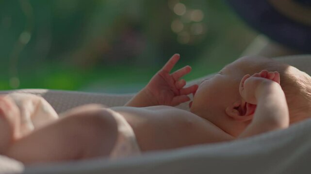 A newborn baby rests in a baby cocoon near an open sunlit window, absorbing natural sunlight for a healthy dose of vitamin D. A serene moment emphasizing the importance of sunbathing for newborn's