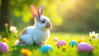 White Rabbit In Spring Meadow With Easter Eggs Featuring Playful Character Design And Vibrant Floral Elements For Festive Branding And Seasonal Storytelling, AI Generated