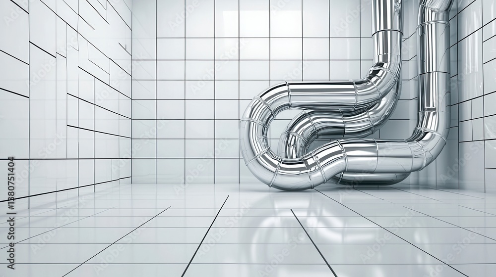 Poster abstract 3d rendering of polished chrome pipes in a white tiled room. reflective surfaces and clean 