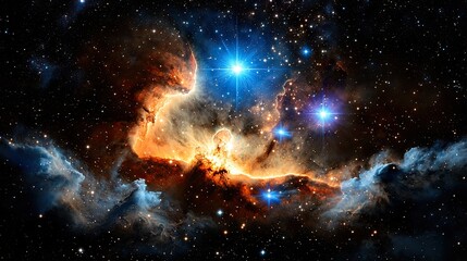 A deep black cosmic background speckled with bright stars and glowing nebulas.