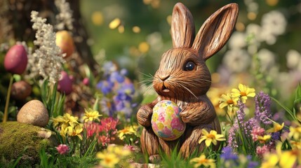 Easter Bunny Holding Decorated Egg in Field of Spring Flowers