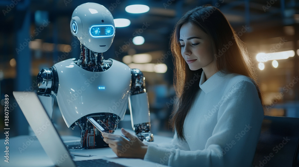 Poster chatbot assistant conversation, ai artificial intelligence technology concept. casual business woman
