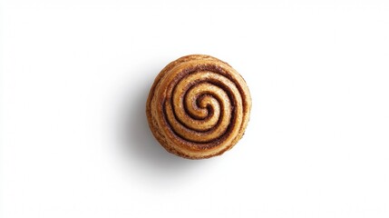freshly baked sweet cinnamon roll isolated on white background, top view