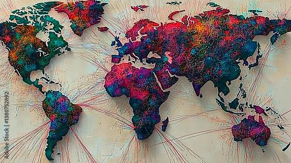 Aufkleber global network connections illustrated through abstract world map generative ai