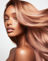 woman with flowing pink hair gazes confidently, showcasing smooth skin and serene expression. hair vibrant color adds touch of elegance