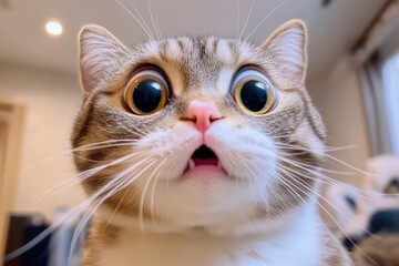 Funny closeup of surprised cat with wide eyes and shocked expression indoors under warm lighting
