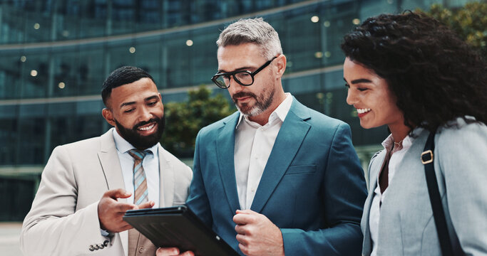 City, business people and talking with tablet for research, case information and team of lawyers. Urban, collaboration and attorneys with mature advocate for digital report, justice feedback or smile