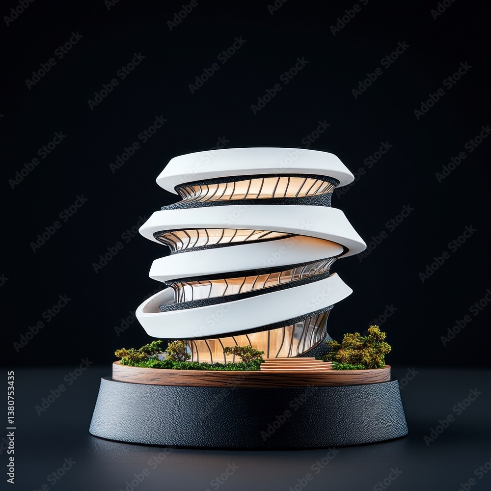 Poster abstract architectural model with white, curved structures illuminated against a black background. l
