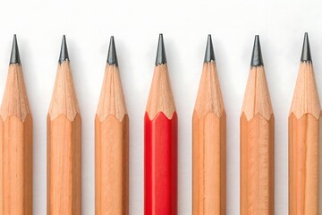 A single bold red pencil stands out among a row of ordinary wood pencils, symbolizing individuality and daring to be different; clean, simple background.