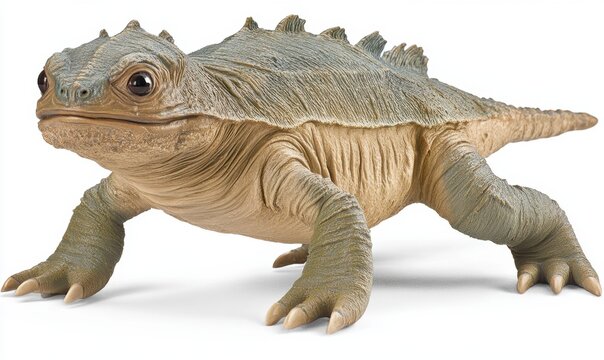Prehistoric dicynodont reptile walking on white background, educational toy