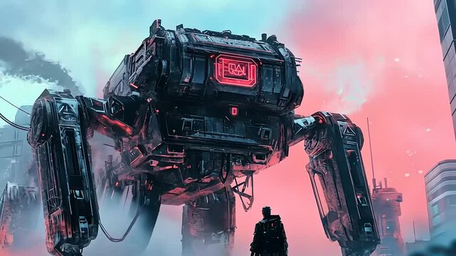 Post-Apocalyptic Encounter: A lone figure confronts a colossal mech in a dystopian city.