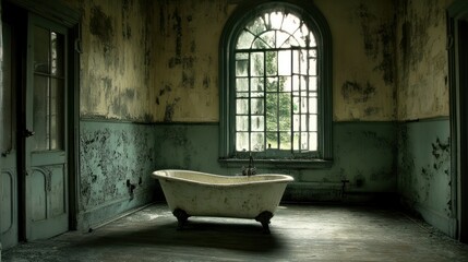 Abandoned bathtub, decaying asylum, overgrown trees outside, eerie atmosphere, horror film set