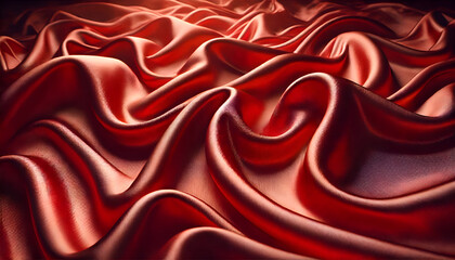 A luxurious red silk fabric forming gentle, flowing waves. The material has a soft, reflective sheen, with realistic folds and curves that mimic ocean waves. The lighting is warm and diffused, emphasi