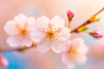 Fototapeta premium Delicate pink cherry blossoms blooming in soft sunlight, a gentle promise of spring's arrival.