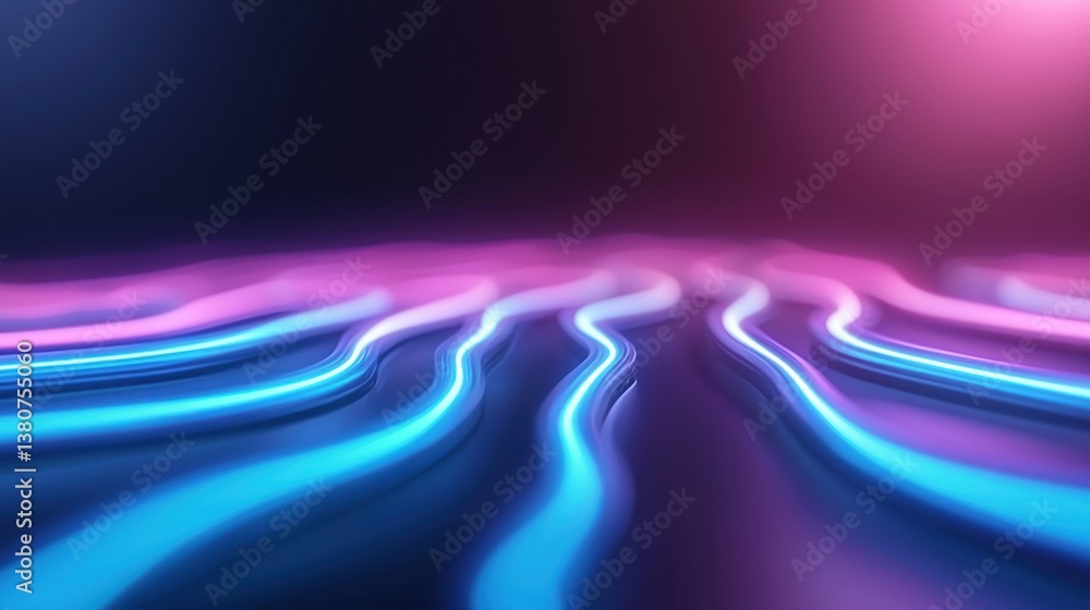 Poster an abstract image featuring flowing lines of neon blue and pink against a dark background, creating 