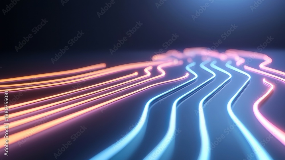 Poster a vibrant, abstract image showcasing flowing lines of neon blue and orange light against a dark back