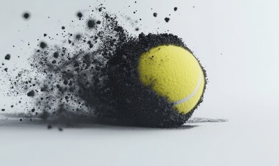Tennis ball exploding with dark particles on white background, sports action image